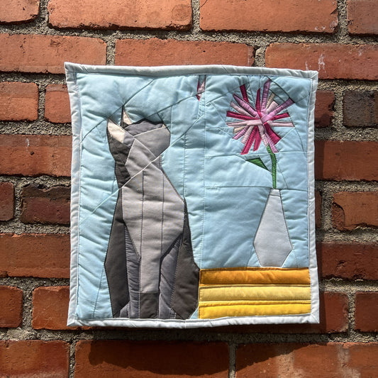 'Kitty with Scrappy Flower' Quilted Wall Hanging